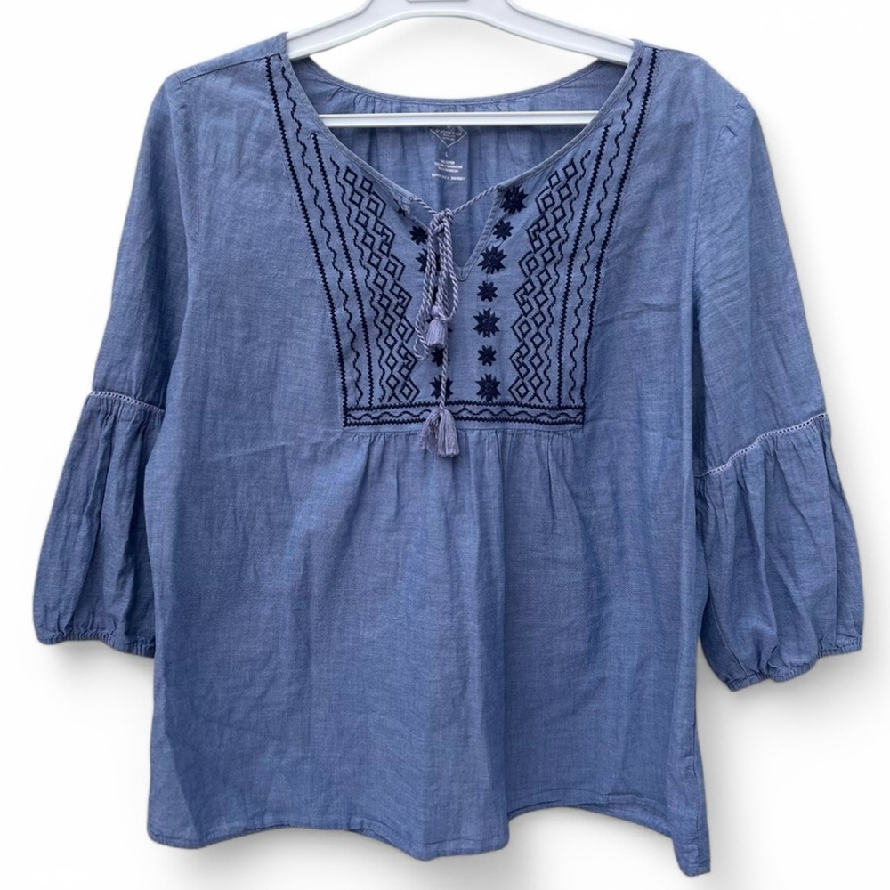 St. John’s Bay Chambray Tassel Tie Blouse Embroidered Peasant Boho Lightweight